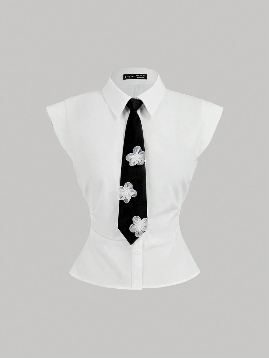 SHEIN MOD Ladies' White Dress Shirt With Necktie Decorated Front Button,Back To School Shirts,Fall Women Outfits,Office Wear,Going Out Tops,Frank Ocean,Women Shirts,Preppy Tops,Bachelorette Outfits,Rave Festival Outfits,Work Clothes,Concert Women Outfit