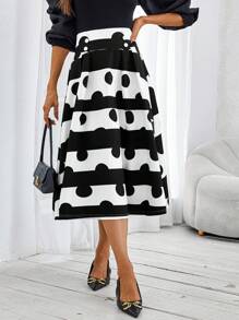 SHEIN Clasi Women's Casual Full-Print Umbrella Skirt, Autumn - Black and White - View 3