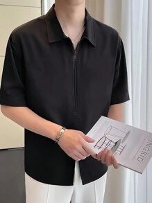 Camisa negra de manga corta y botones de unicolor para hombre, de verano - Negro - Ver 4