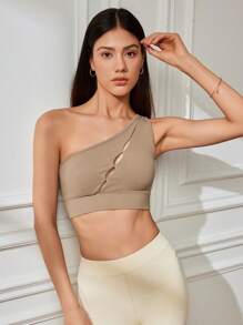 Easithlete Reggiseno sportivo corto semplice da donna con collo asimmetrico, senza maniche e color unito - Castano - Visualizzare 2