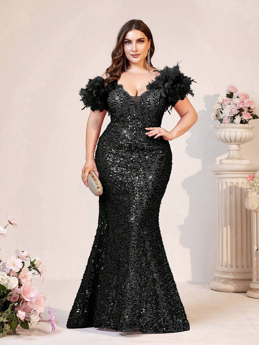 SHEIN Belle Váy dạ hội trang trí bằng lông vũ và sequin lãng mạn cỡ lớn (Phiên bản trang trí dày), Váy dạ hội trang trọng màu đen, Dành cho khách dự tiệc cưới, Tốt nghiệp, Váy dự tiệc tối - màu đen - Xem 1