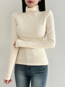DAZY Women's Solid Color Turtleneck Long Sleeve Casual T-Shirt With Thermal Lined, Autumn Thermal Lined Thermal Lined,Winter - White - View 9
