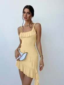 Aloruh Sleeveless Mesh Contrast Fringed Slip Dress In Yellow For Women's Date Night - Apricot - View 5