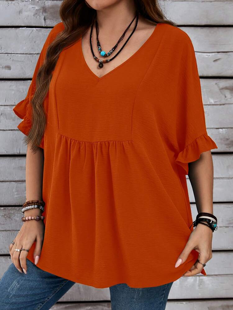 Plus Size Women's Vacation Casual Dark Blue Mom Shirts With Ruffled Sleeves For Summer