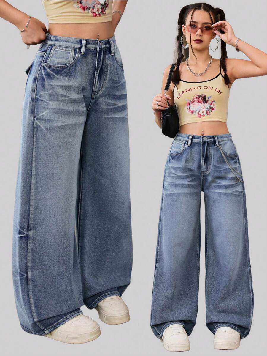 SHEIN Teen Girls Y2k Loose Wide Leg Jeans With Blue Water Ripple Pattern,Summer Street Cool Thin Denim Wide-Leg Pants - Light Wash - View 1