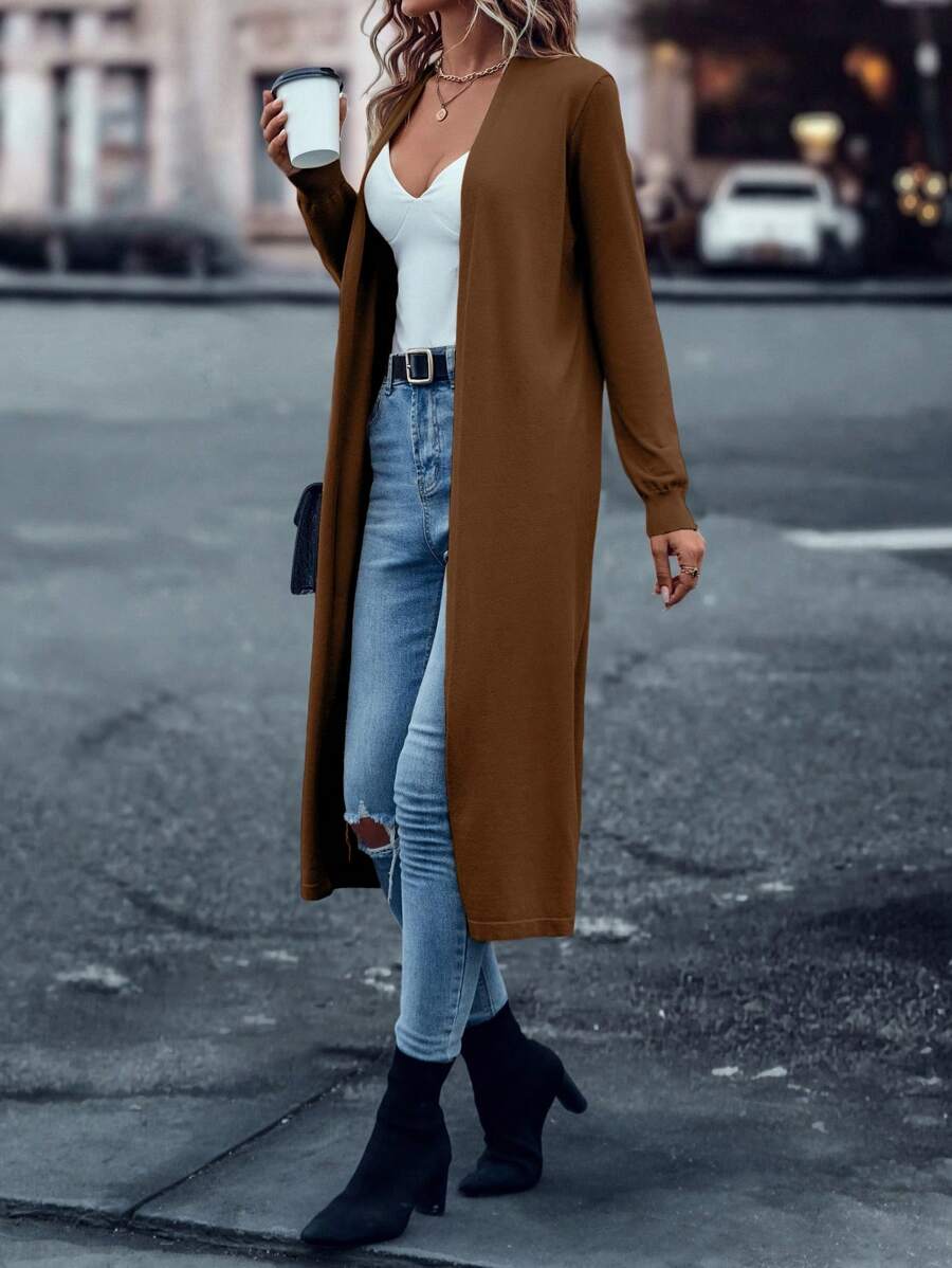 SHEIN LUNE 长袖开衫，适合度假和日常休闲穿着 - 棕色 - 查看 1