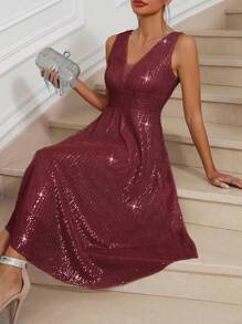 SHEIN Belle Vestido formal de longitud midi en color rojo burdeos con cuello en V y lentejuelas para mujer, vestido semiformal elegante para fiesta de graduación, boda, fiesta de cumpleaños u ocasiones festivas