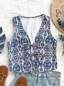 Soleia 大码女式无袖蓝白系带上衣 - 彩色 - 查看 1