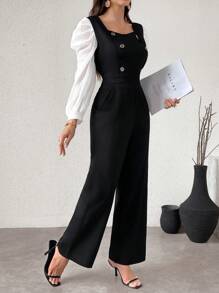 Modelyn Women's Square Neck Color Block Elegant Long Sleeve Wide Leg Jumpsuit Fall Cloth For Women - Black and White - View 7