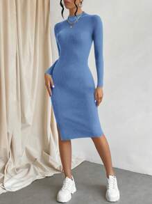 Cloudara Mock Neck Split Thigh Sweater Dress - Navy Blue - View 4