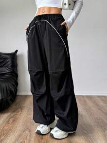SHEIN Unity Women Drawstring Casual Cargo Pants With Striped Decor - Black - View 5