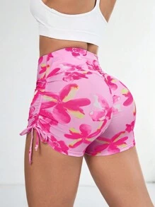 SHEIN Sports Quần short thể thao dây rút in hoa tập yoga, chạy bộ - Hồng - Xem 2