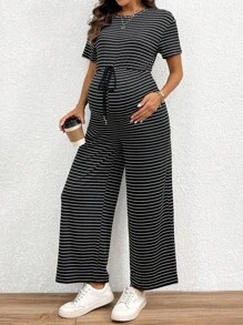 SHEIN Round Neck Striped Printed Drawstring Maternity Jumpsuit With Short Sleeves, Summer - Black and White - View 1