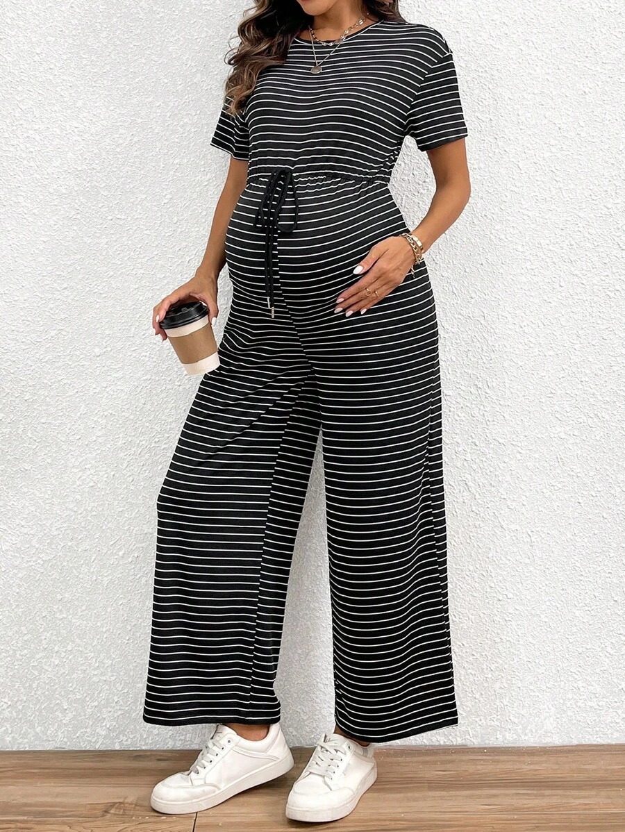 SHEIN Round Neck Striped Printed Drawstring Maternity Jumpsuit With Short Sleeves, Summer - Black and White - View 1