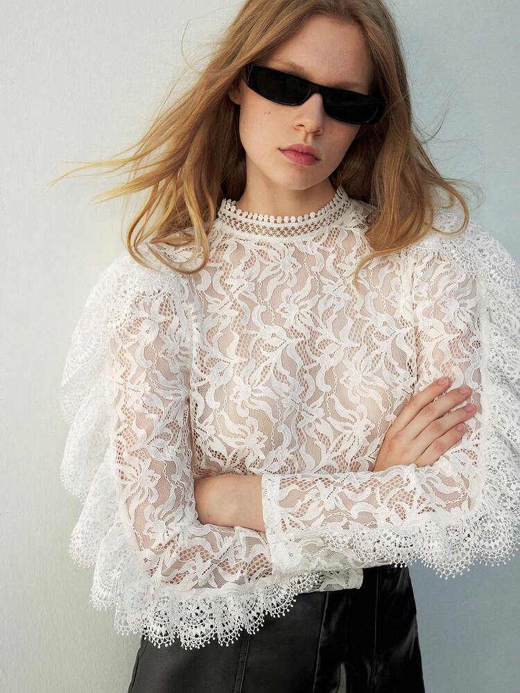 SHEIN Maija Women's Solid Color Button Back Long Sleeve Embroidery Sheer Casual Blouse, For Daily Leisure & Vacation