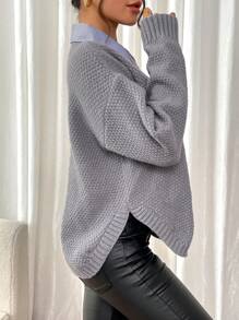 Chiquease Women V-Neck Long Sleeve Plain Casual Split Hem Pullover Sweater Knit Pullover Fall Winter Outfit