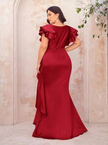 SHEIN Belle Plus Size Fuchsia Multilayer Ruffle Sleeve Mermaid Hem Formal Evening Gown - Red - View 2