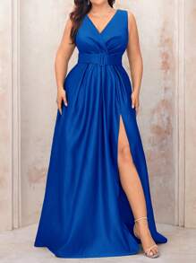 SHEIN Belle 加大码复古蓝色深 V 领重叠腰带褶饰高开衩 A 字型优雅正式晚礼服婚礼宾客礼服，适合毕业典礼、晚宴派对礼服 - 寶藍色 - 查看 4