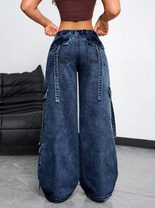 SHEIN EZwear 女式休闲翻盖口袋宽松保暖衬里阔腿牛仔裤 - 藍色 - 查看 2