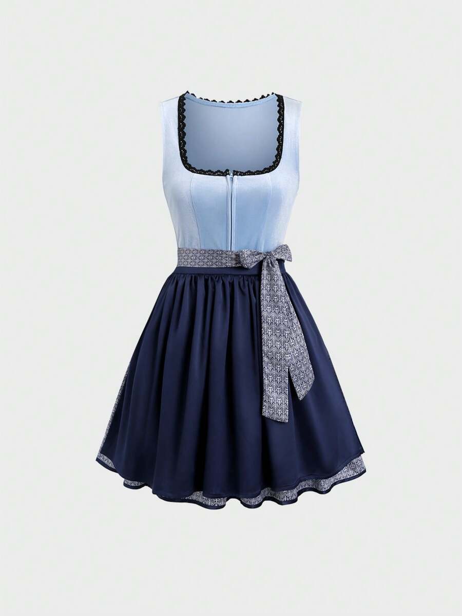 Sweetra Ladies' Blue Patchwork Velvet Dirndl Dress For Oktoberfest - Multicolor - View 1