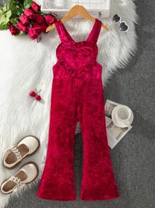 SHEIN Young Girl Elegant Burgundy Velvet Sleeveless Jumpsuit With Dramatic Ruffle Heart Accent, Suitable For Festivals, Parties, Birthdays, And Daily Wear, For Halloween Party - Burgundy - View 1