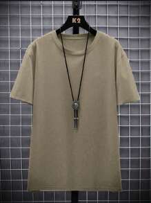 Manfinity Homme Men's Solid Color Crew Neck Short Sleeve Simple Casual T-Shirt - Khaki - View 3