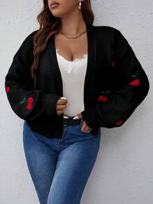 Vionelle 大码女式黑樱桃刺绣灯笼袖露肩休闲针织开衫秋冬季 - 黑色 - 查看 5