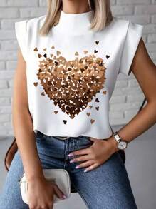 INAWLY Heart Print Small Stand Collar Casual T-Shirt Graphic Tees Women Tops - White - View 1