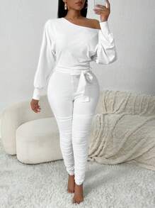 SHEIN SXY Spring/Autumn Casual Asymmetrical Shoulder Warm Home White Batwing Sleeve Jumpsuits - White - View 4