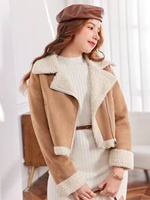 SHEIN Áo khoác thường ngày có ve áo bằng da lộn giả tuổi teen Girl - Màu Khaki - Xem 6