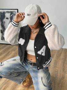 Flirla Patchwork Short Plush Casual Letterman Jacket