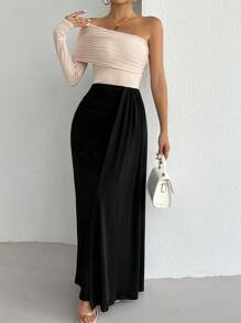 Chiquease فستان طويل الأكمام ذو كتف واحد أنيق وأنيق بألوان متباينة