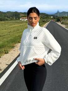 SHEIN EZwear Sudadera holgada con bolsillo canguro y adhesivo de letras - Blanco - Ver 4