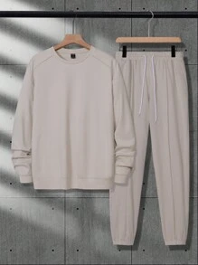 Claim Dot 男士纯色运动衫和裤子套装，春/秋 - 杏色 - 查看 3