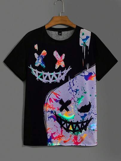 Manfinity BRENVOR Maglietta casual da uomo a maniche corte con girocollo, a maglia, con stampa divertente di sorriso diabolico e colorato