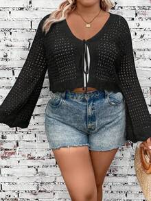SHEIN LUNE Áo cardigan dài tay màu trơn có dây buộc phía trước dành cho nữ cỡ lớn cho mùa xuân/hè - màu đen - Xem 6