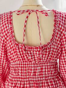 Soleia 大码女式方领长泡泡袖格子拼色蝴蝶结腰连衣裙，优雅学院风度假装 - 彩色 - 查看 6