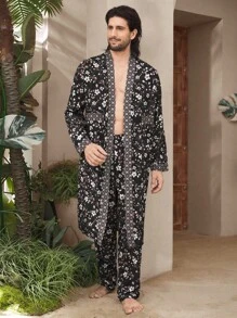 Manfinity Underwear&Sleepwear Basics 2pcs Men's Loungewear Set, Open Front Long Sleeve Top With Waist Tie And Allover Print Relaxed Fit Pants - Multicolor - View 4
