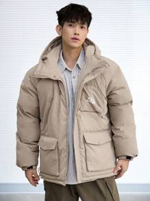 DAZY Men's Zip-Up Hooded Padded Coat With Letter Print, Winter Jacket - Khaki - View 8