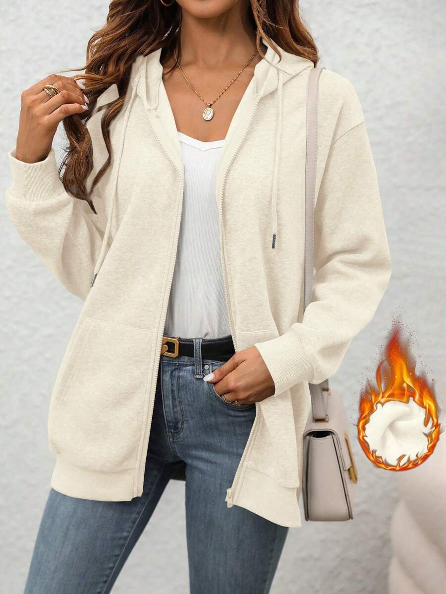 SHEIN LUNE Women's Solid Color Drawstring Hooded Drop Shoulder Long Sleeve Casual Jacket, Autumn/Winter - Apricot - View 1