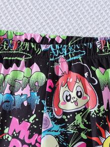 Kapuzenpullover mit Graffiti-Karo-Print und Leggings mit Vollgrafik für Tween-Mädchen, 2 Stücke Outfit - Schwarz - Übersicht 5