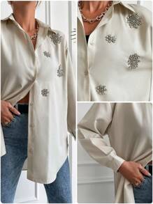 EURMUSE Rhinestone Detail Drop Shoulder Shirt - Beige - View 5