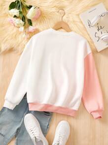 SHEIN Leap Crew Tween 女童宽松休闲拼色猫咪图案圆领套头衫 - 粉色 - 查看 2