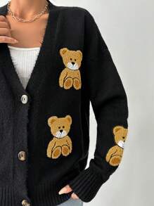 EURMUSE Cardigan casual con scollo a V da donna con applicazioni dell'orso e spalle basse - nero - Visualizzare 5