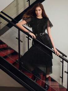 MOTF STUDIO MESH OVERLAY RUFFLE TRIM LAYERED HEM PLEATED LONG DRESS
