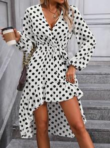 SHEIN LUNE Women's Autumn Color Block Polka Dot Print Asymmetrical Hem Midi Work Dress - White - View 4