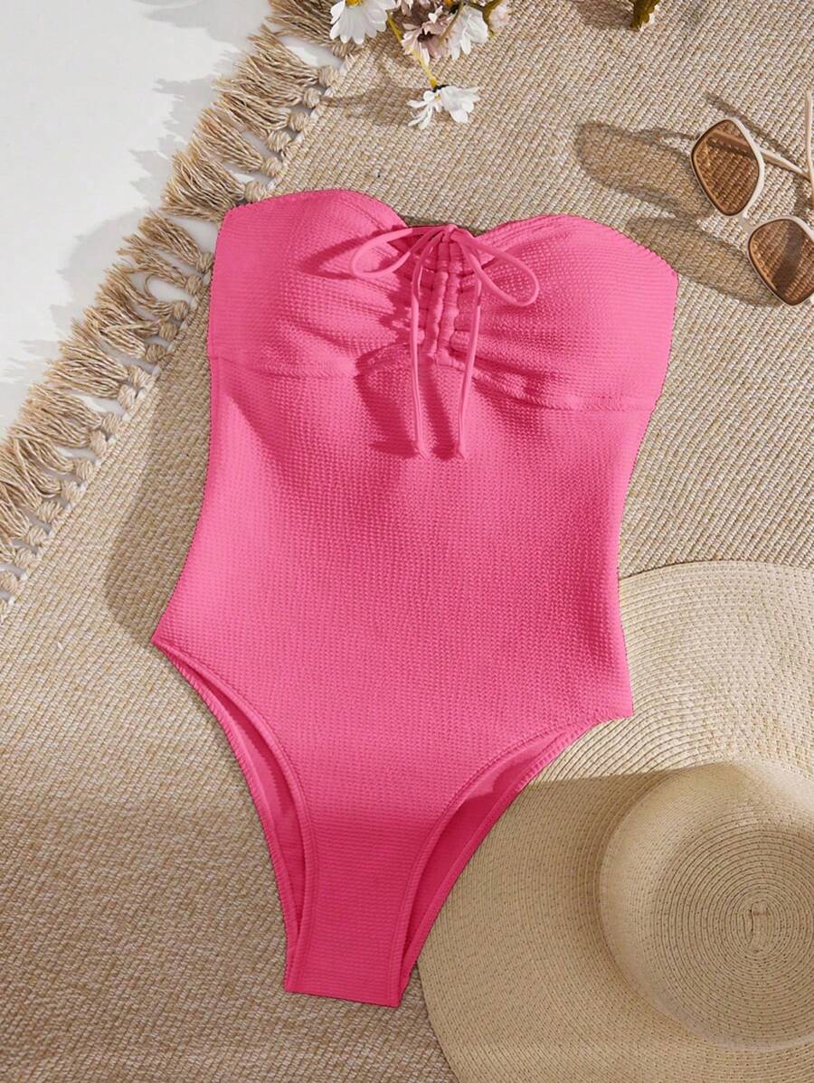 SHEIN Swim Mujeres Monocromático sin tirantes Cuerdas ajustables Traje de baño de una sola pieza de moda - Rosa Fucsia - Ver 1