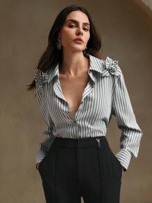 Anewsta Women's Striped Shirt With 3D Floral Decor - Black - View 1