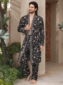 Manfinity Underwear&Sleepwear Basics 2pcs Men's Loungewear Set, Open Front Long Sleeve Top With Waist Tie And Allover Print Relaxed Fit Pants - Multicolor - View 6