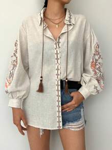 EURMUSE Women's Vacation Style Embroidered Lantern Sleeve Fringe Tie-Front Blouse - Beige - View 5